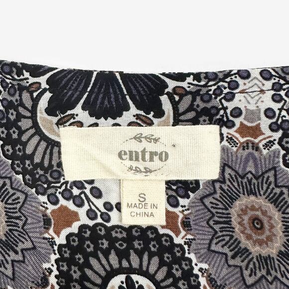 Entro Printed Mini Dress Small Gray Boho Indie Festival Peasant Flowy Earthy - Picture 8 of 10